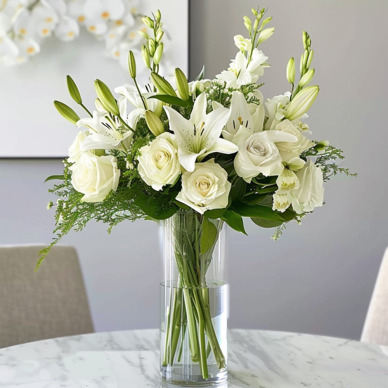 Serene Elegance: White Roses and Lilies in a Vase