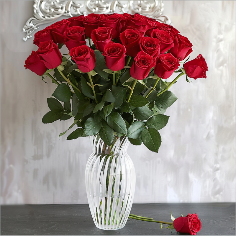 Radiant Elegance: 33 Red Roses in a White Vase